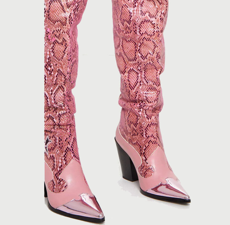 Fashion Sexy Snake Print Pointed Toe Thick Heel High Heel Boots Women